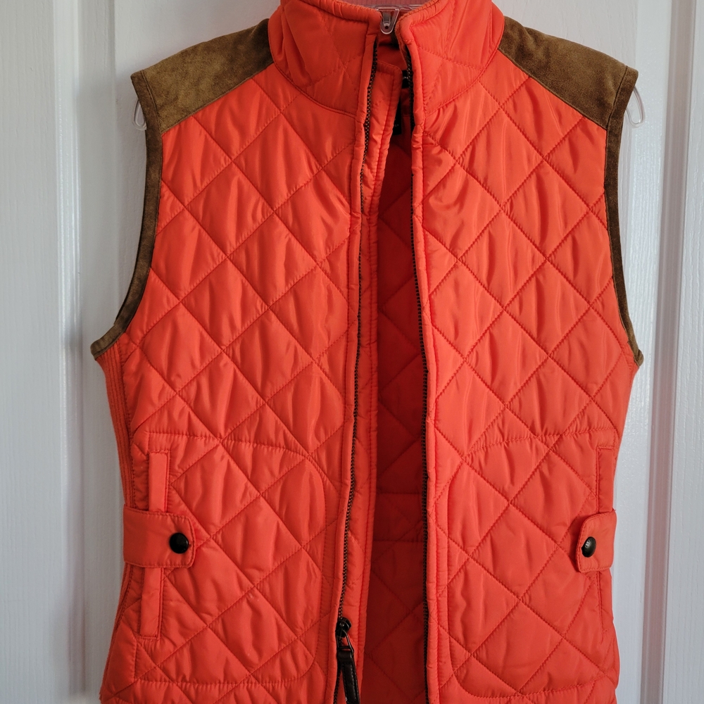 Orange Quilted Vest with Brown Suede Leather Accents
